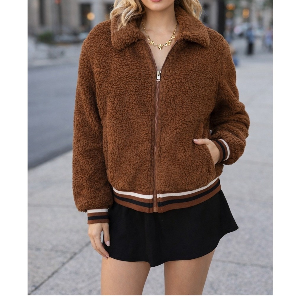 Jacket Women Large Brown Plush Teddy Bomber Ci‎ Sono